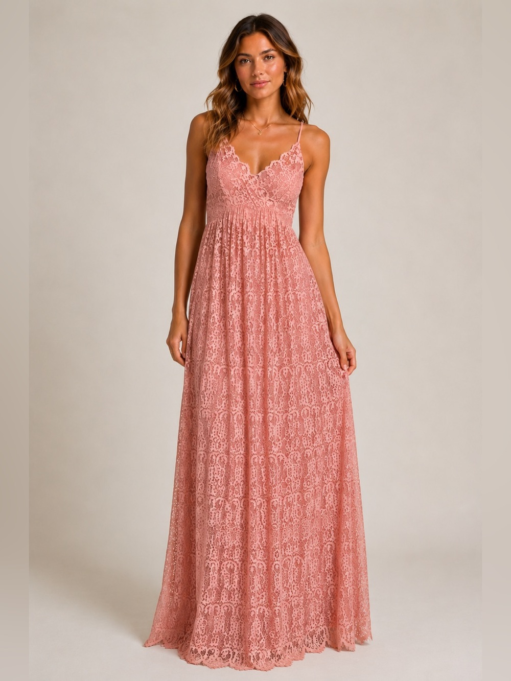 If By Sea Womens Lace Overlay Adjustable Spaghetti Strap Maxi Dress Dusty Rose M
